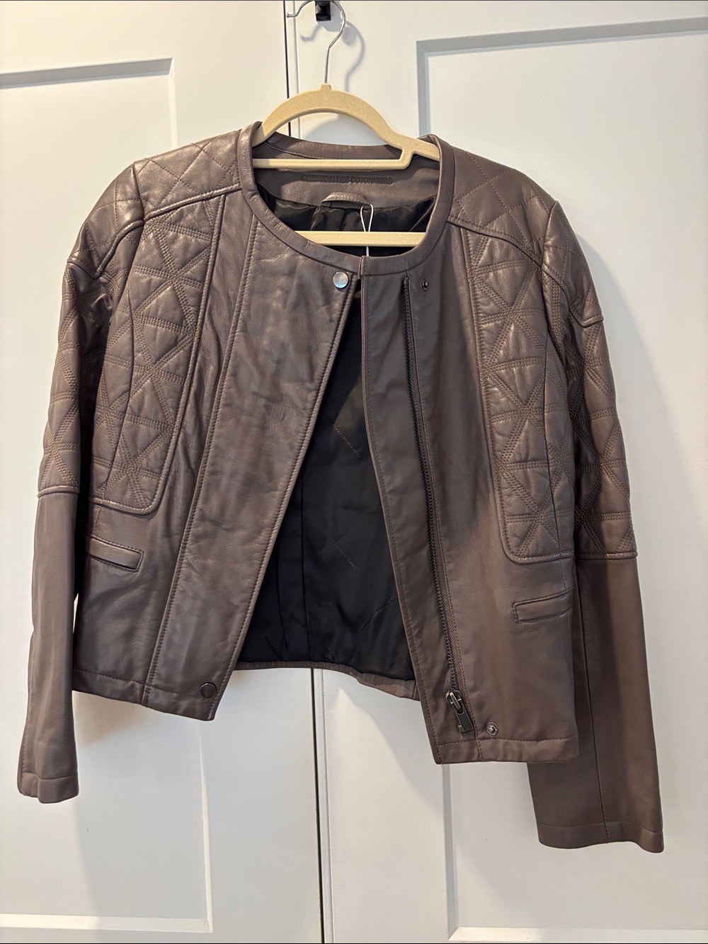 Comptoir Des Cotonniers Quilted Panel Leather Jacket - Brown, US size small